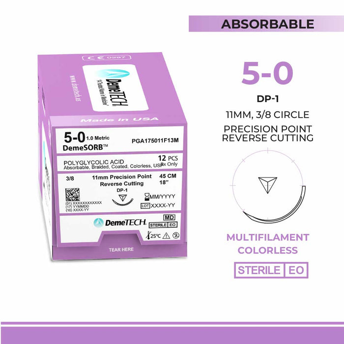 Polyglycolic Acid (PGA), 5-0, 18", DP-1 Synthetic Absorbable Suture, Precision Point Reverse Cutting, Undyed 12/Box