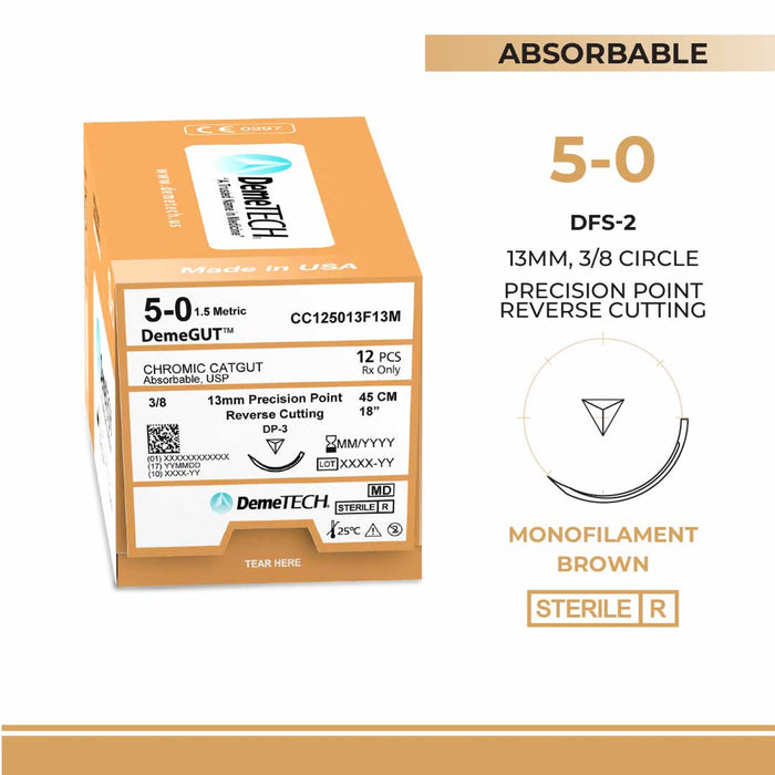 Chromic Gut, 5-0, 18", DP-3 Absorbable Suture, Precision Point Reverse Cutting, Brown 12/Box