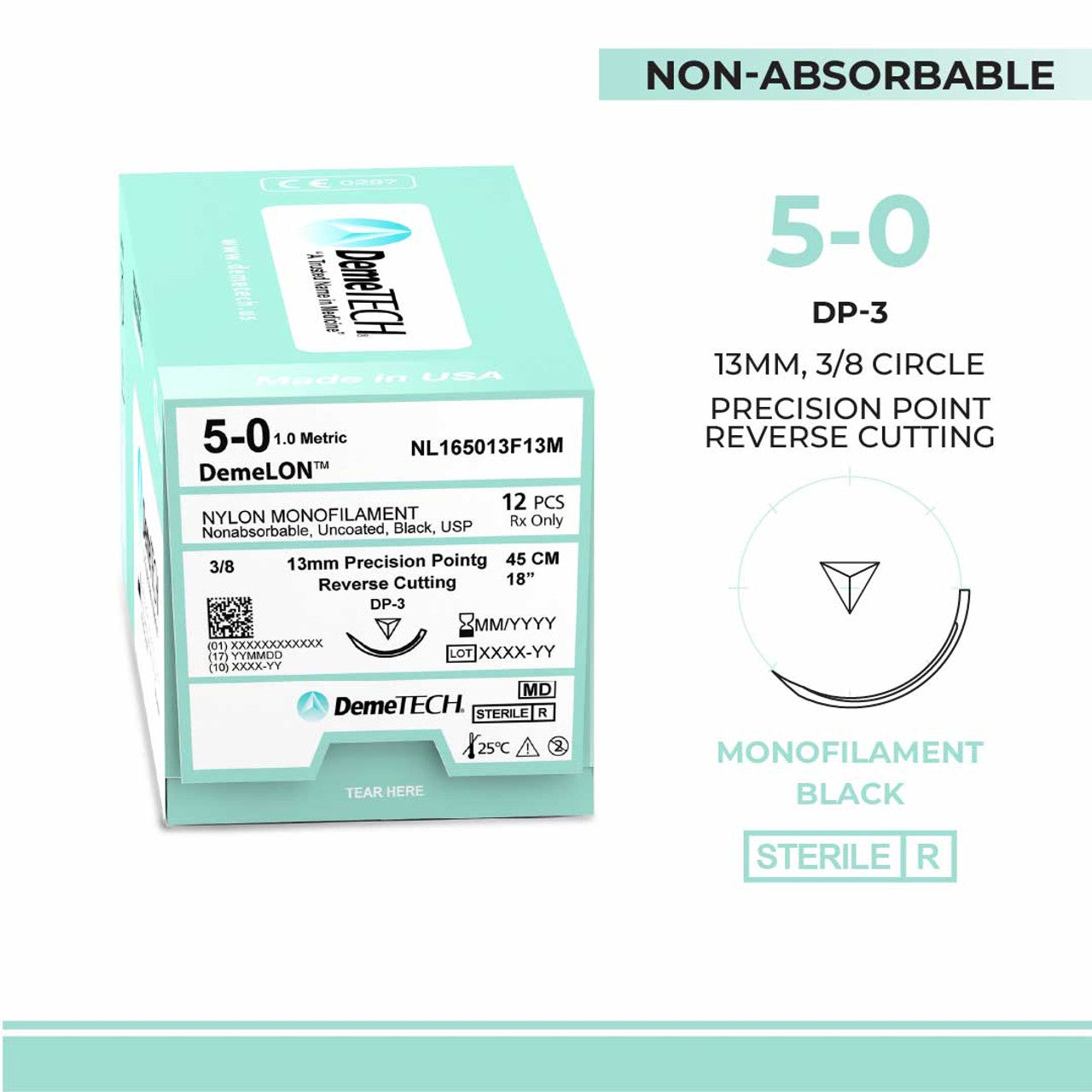 Nylon Monofilament, 5-0, 18", DP-3 Non-Absorbable Suture, Precision Point Reverse Cutting, Black 12/Box