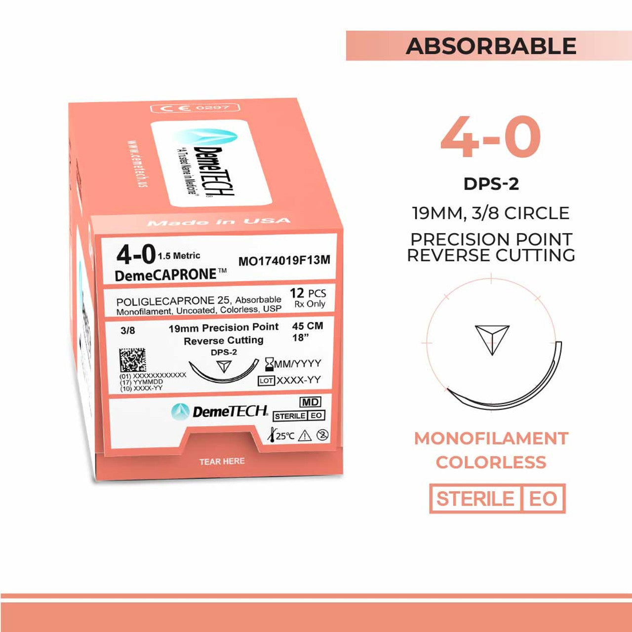 Poliglecaprone 25` (PGCL), 4-0, 18", DPS-2 Absorbable Suture, Reverse Cutting, Undyed 12/Box