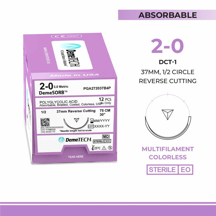 Polyglycolic Acid (PGA), 2-0, 30", N/A Synthetic Absorbable Suture, Reverse Cutting, Undyed 12/Box
