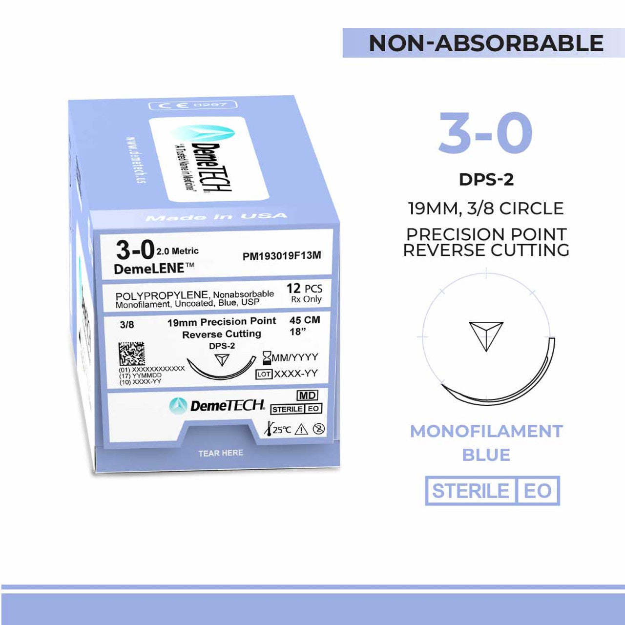 Polypropylene, 3-0, 18", DPS-2 Non-Absorbable Suture, Precision Point Reverse Cutting, Blue 12/Box