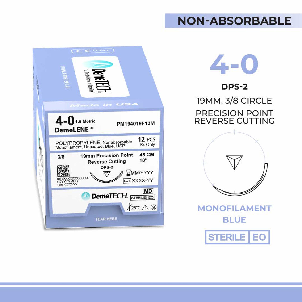 Polypropylene, 4-0, 18", DPS-2 Non-Absorbable Suture, Precision Point Reverse Cutting, Blue 12/Box