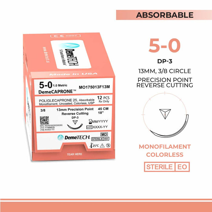 Poliglecaprone 25` (PGCL), 5-0, 18", DP-3 Absorbable Suture, Reverse Cutting, Undyed 12/Box